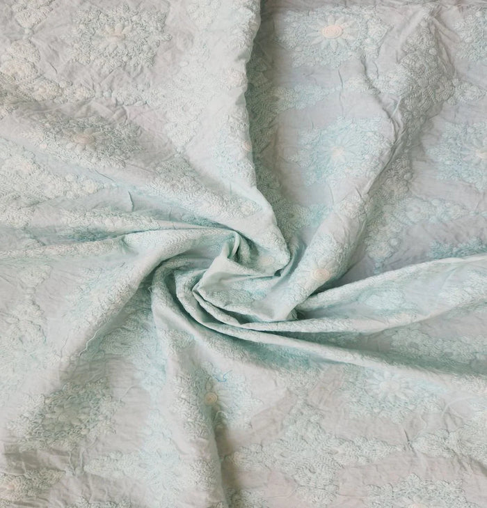 Sea Green Traditional Chikankari Embroidered Dyed Khadi Cotton Fabric