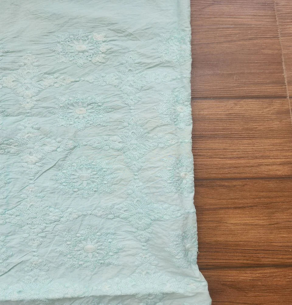 Sea Green Traditional Chikankari Embroidered Dyed Khadi Cotton Fabric
