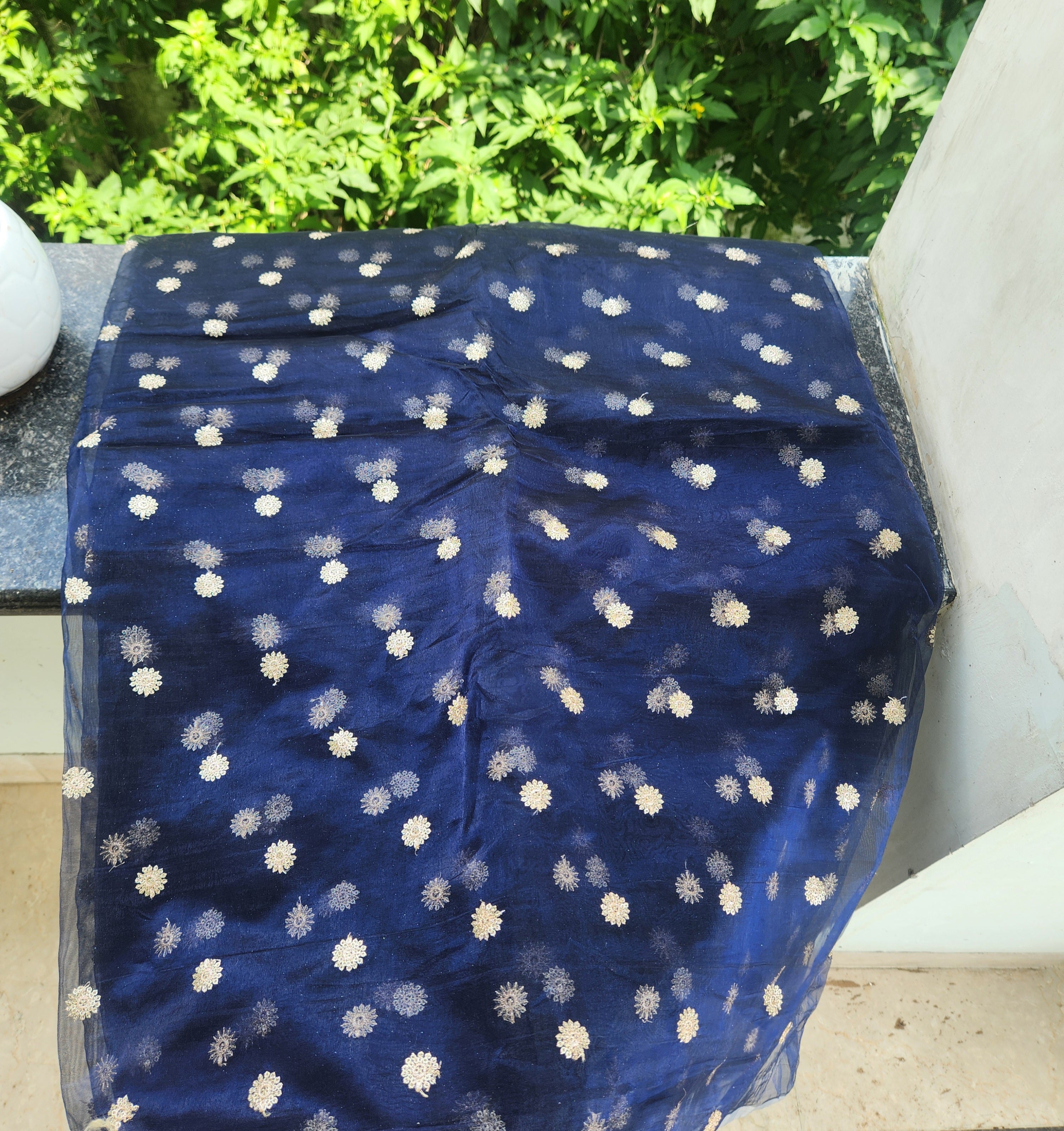 Blue Booming Organza Fabric with Golden Sequence Butti