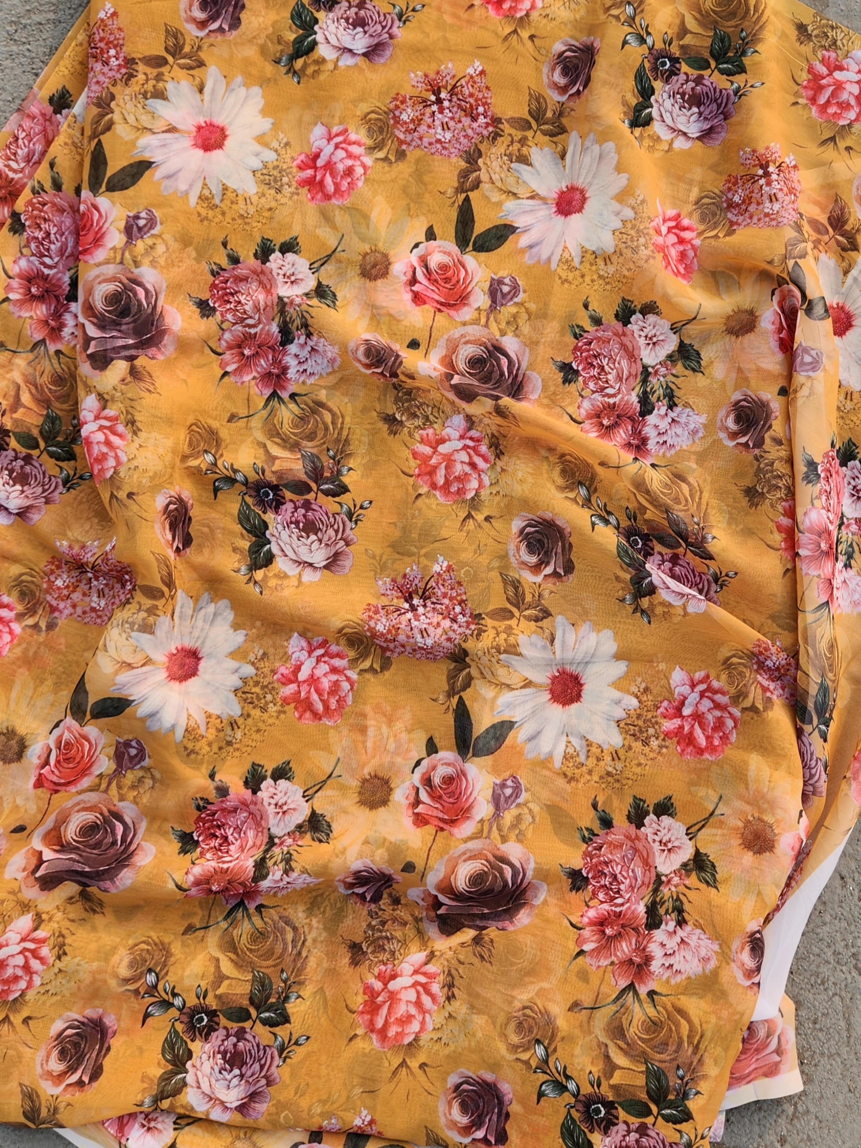 Yellow Digital Print Georgette Fabric