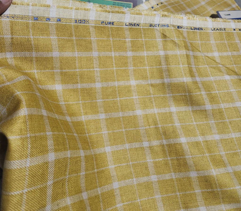 Yellow Checks Pure Natural Linen Suiting Fabric for Blazers, Jackets and Pants (44 lea) (0% Cotton)