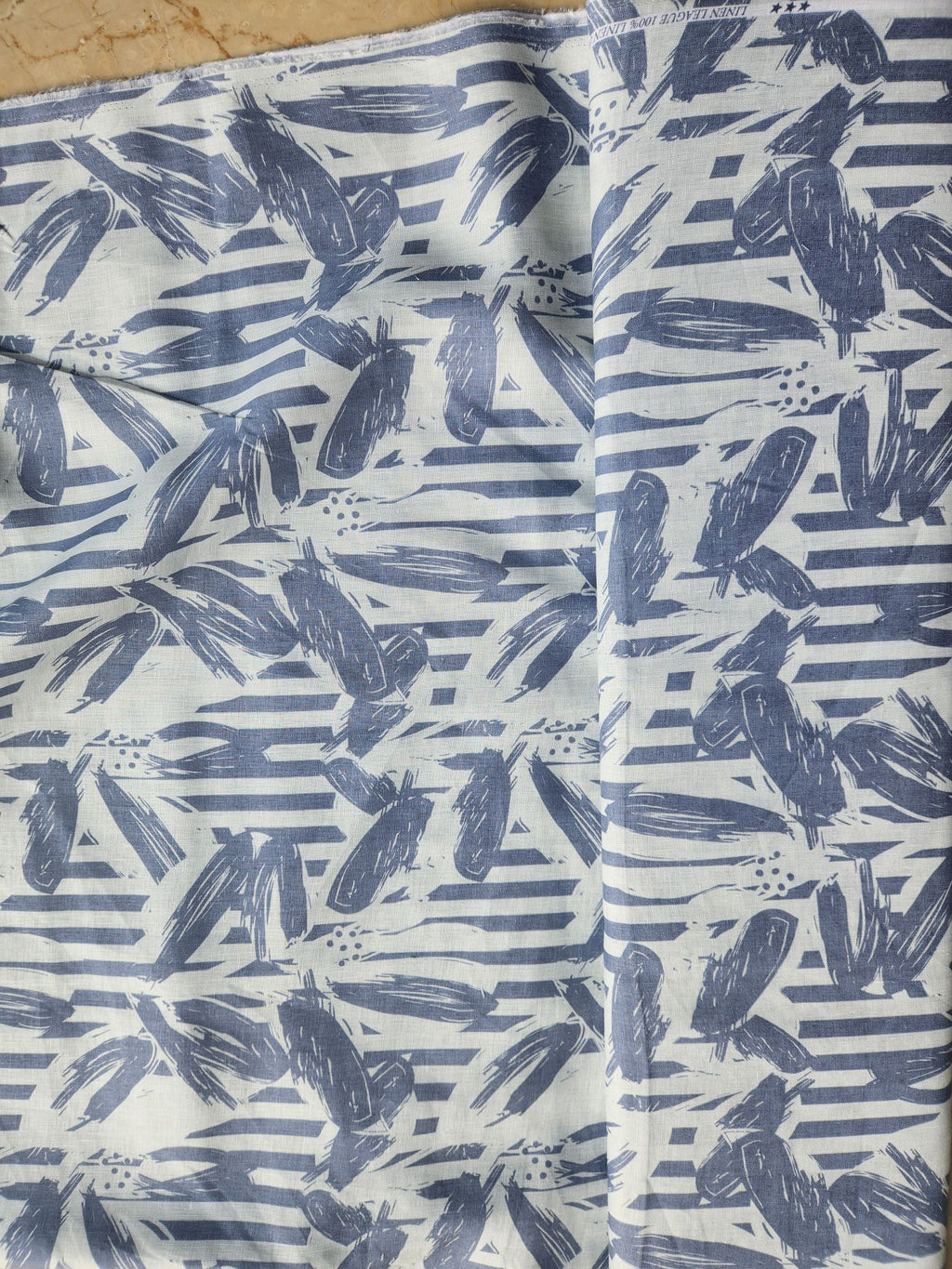 Off White & Grey Digital Printed 100% Pure Natural Linen Fabric (0% Cotton)