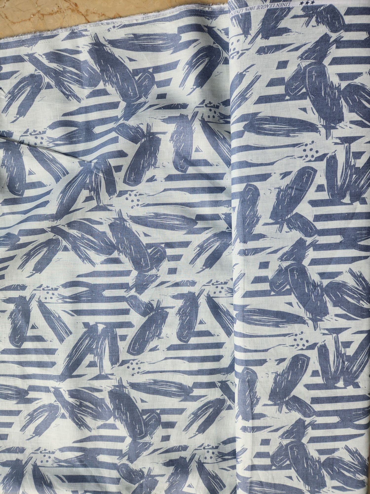 Off White & Grey Digital Printed 100% Pure Natural Linen Fabric (0% Cotton)