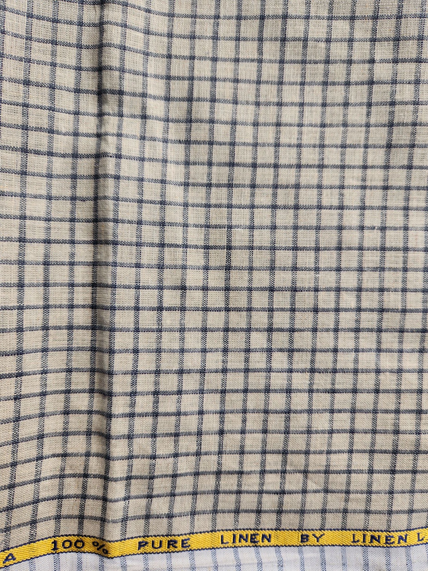 Beige & Blue Checks 100% Pure Natural Linen Fabric (0% Cotton)
