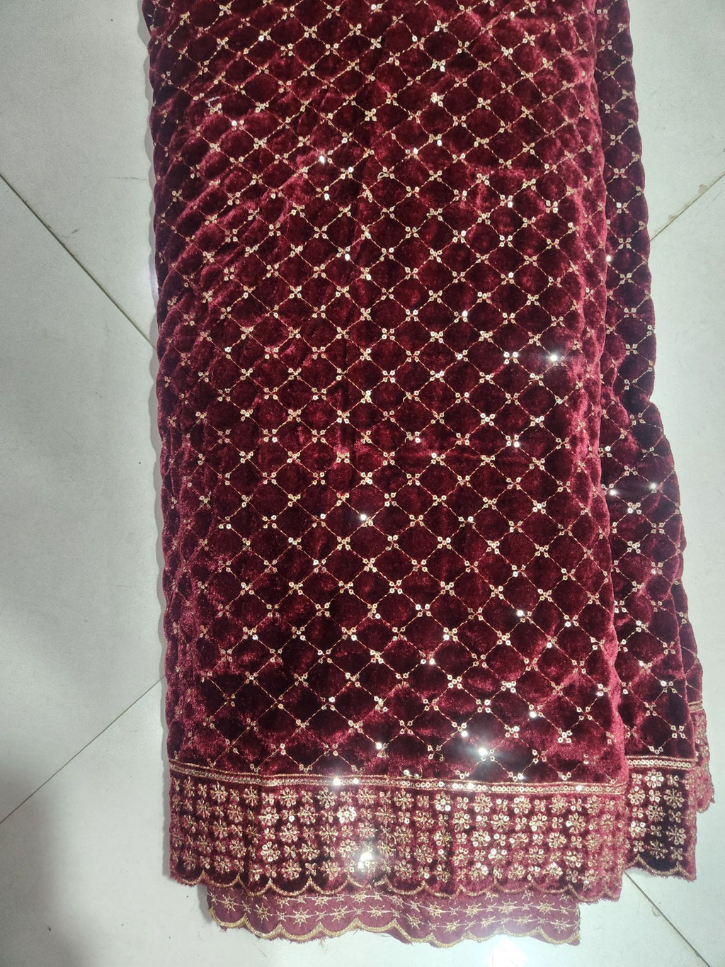 Sequence Jaal & Border Embroidered Maroon Velvet Fabric