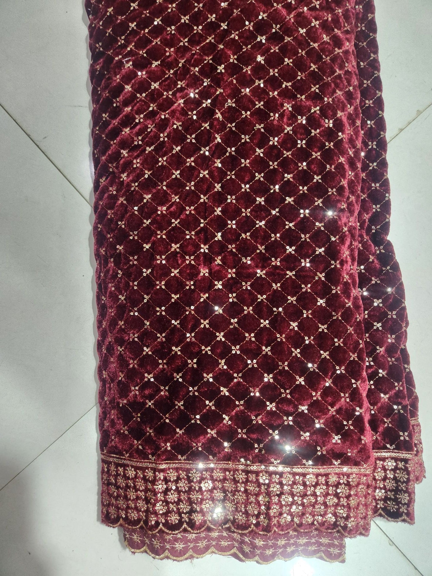 Sequence Jaal & Border Embroidered Maroon Velvet Fabric