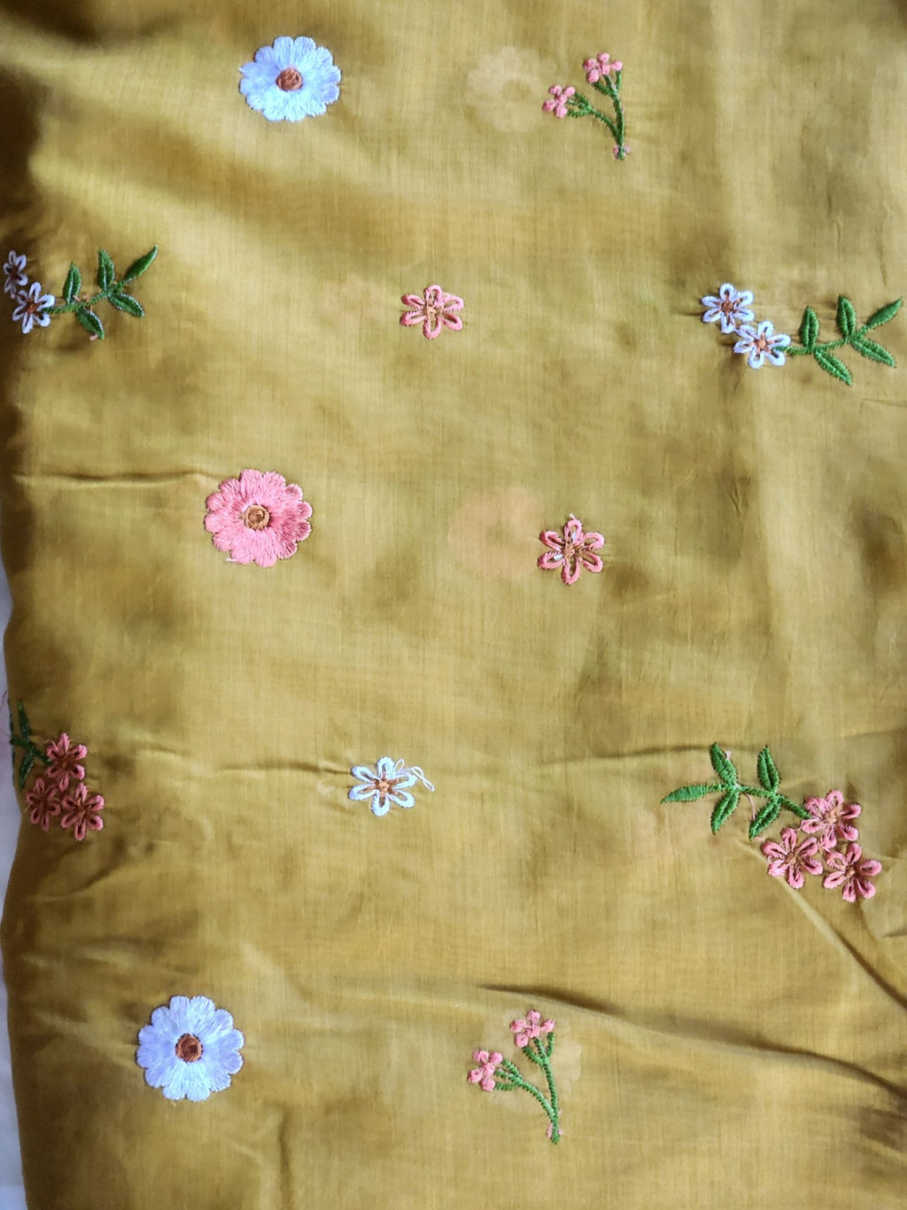 Mustard Gold Floral Embroiderd Mul Chanderi Fabric