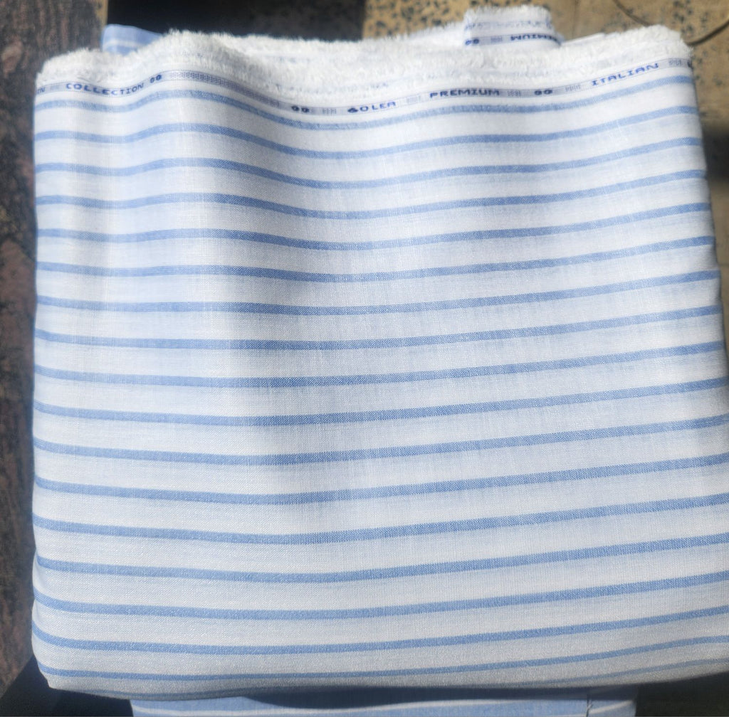 White with  Blue strips premium Cotton Linen Fabric