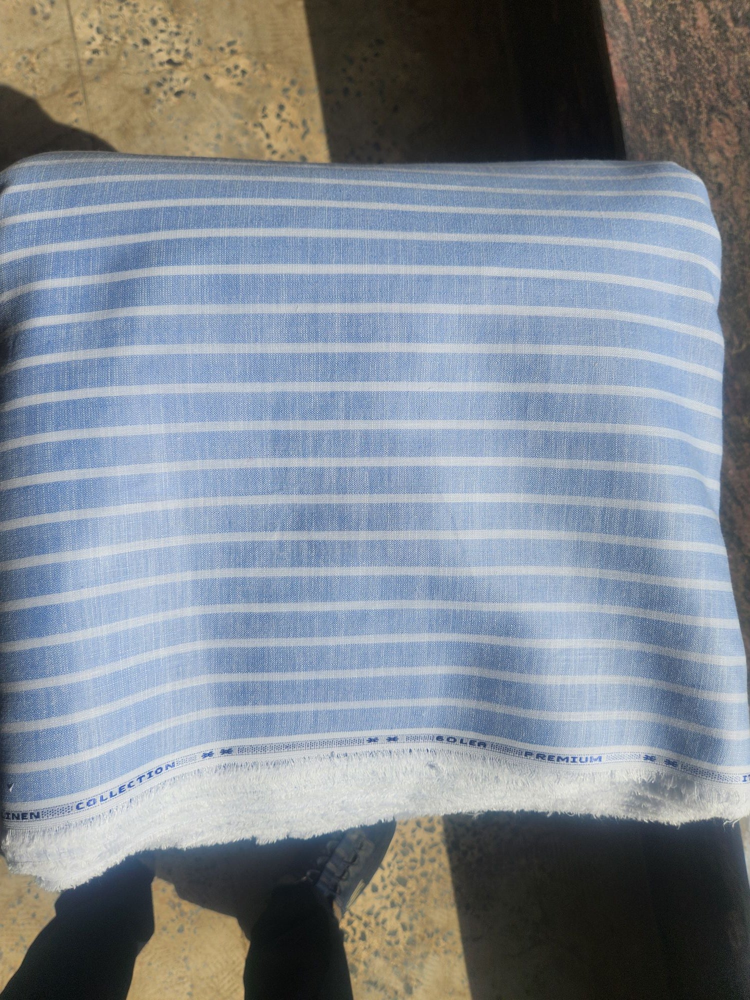 Blue with White strips premium Cotton Linen Fabric