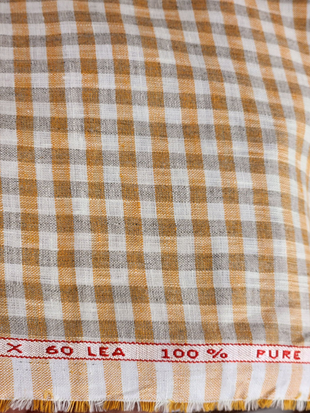 Orange-Slate Grey & Off White Checks 100% Pure Linen (No cotton)