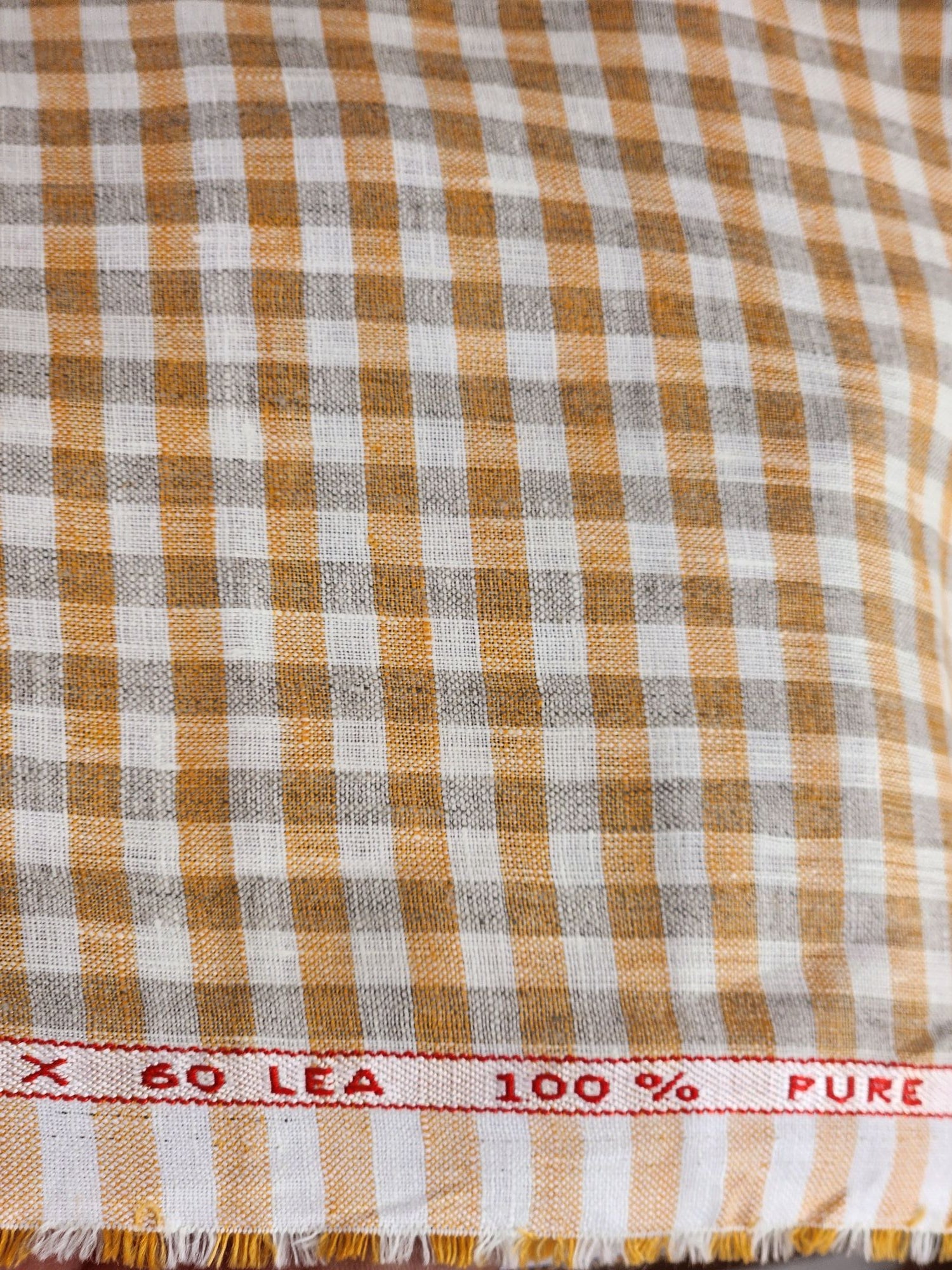 Orange-Slate Grey & Off White Checks 100% Pure Linen (No cotton)