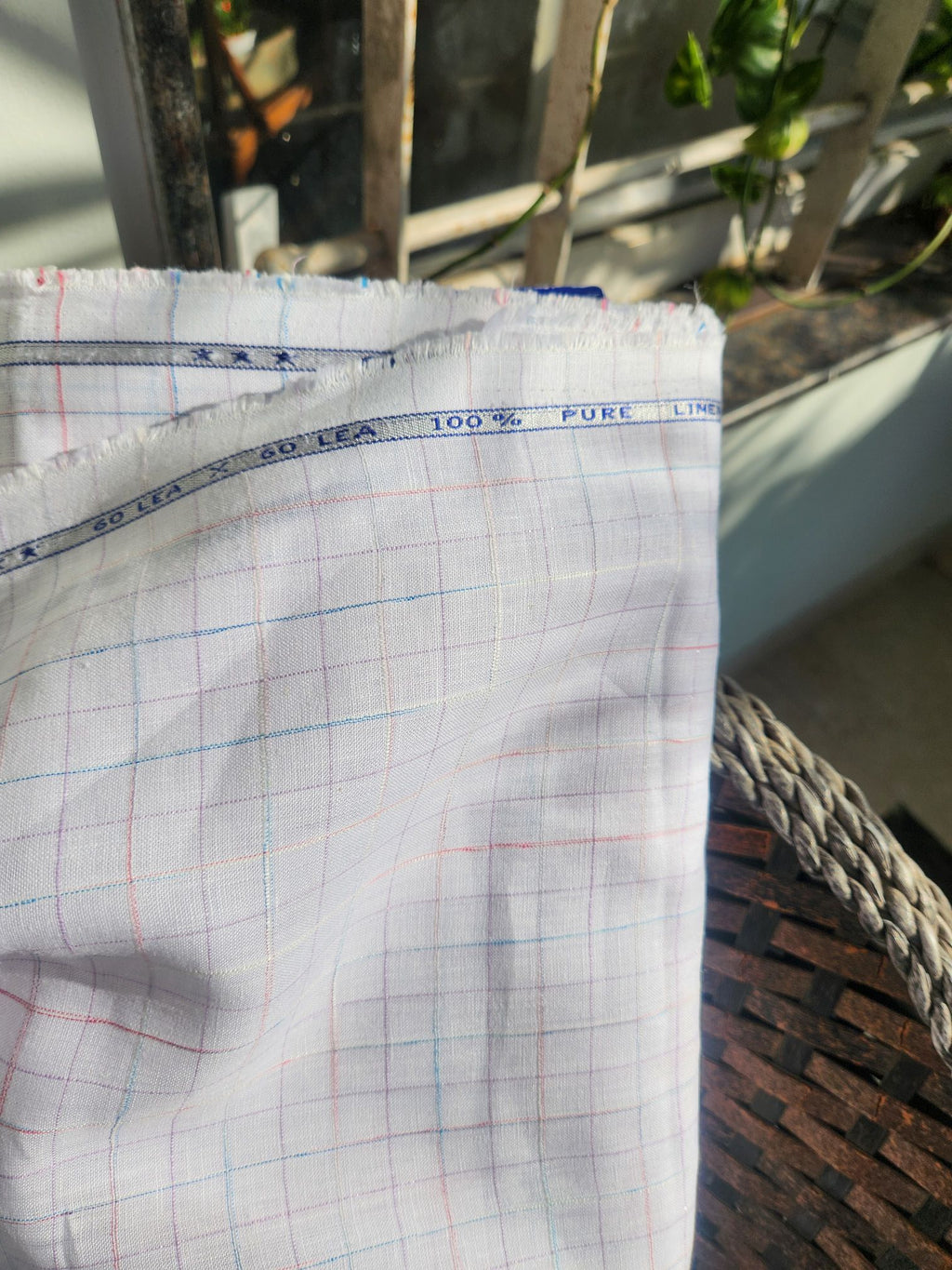 White 100% Pure Linen with Multicolour Thin line stripes (No cotton)