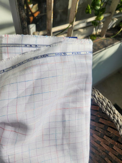 White 100% Pure Linen with Multicolour Thin line stripes (No cotton)