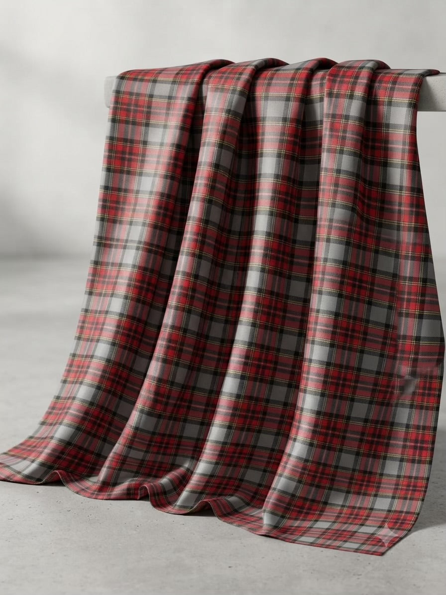 Red Grey Tartan Plaid Spun Poly Fabric