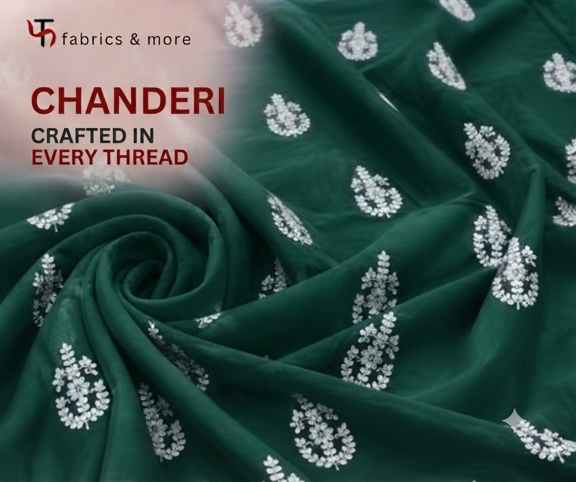 Rama Green with White Dori Embroidered Motifs Chanderi Fabric