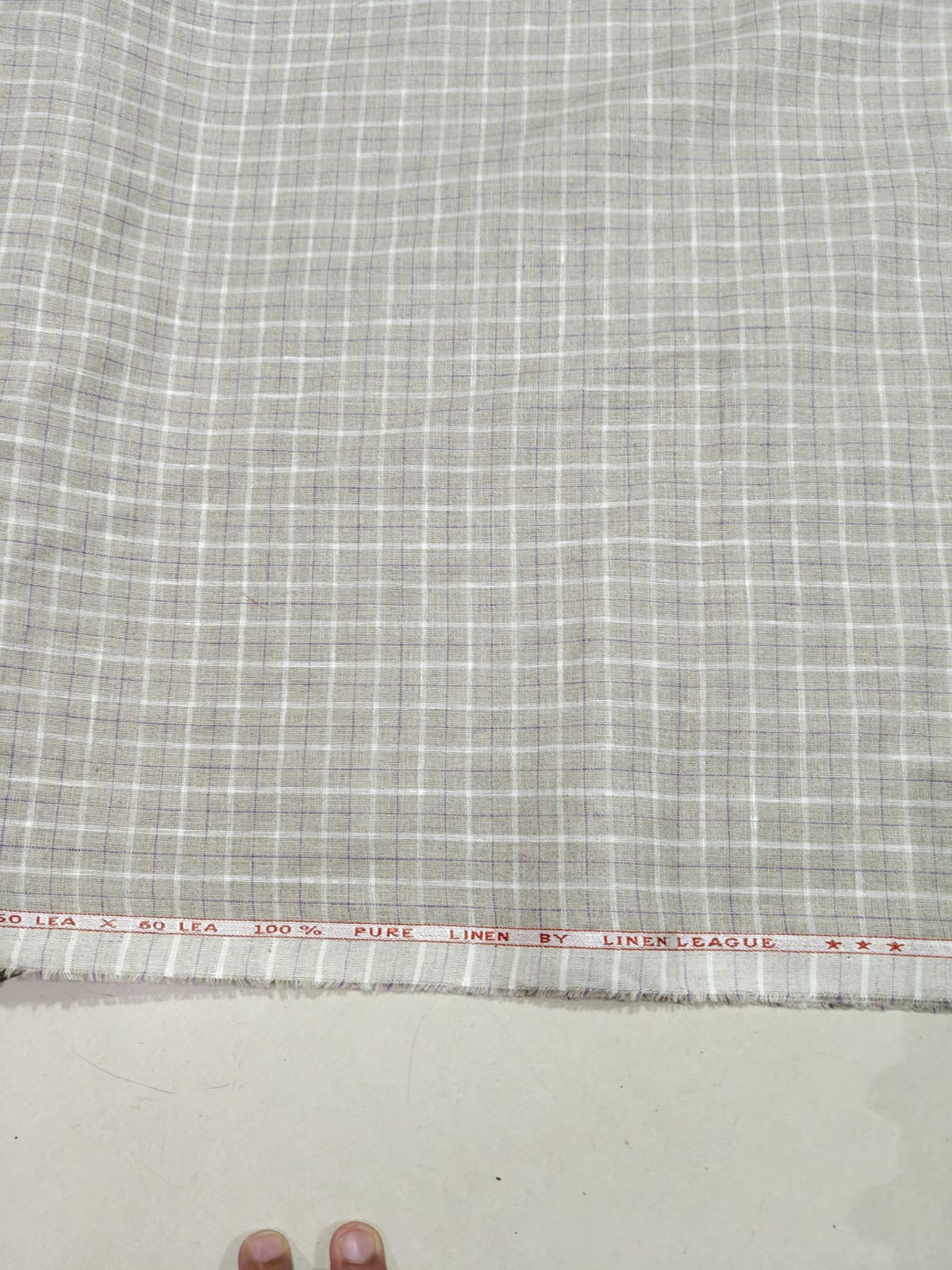 Natural Flax 100%Pure Linen 60 Lea Check Fabric – White & Purple Windowpane(0% Cotton)