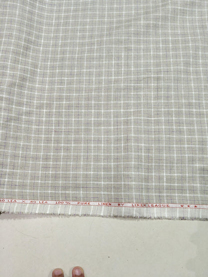Natural Flax 100%Pure Linen 60 Lea Check Fabric – White & Purple Windowpane(0% Cotton)