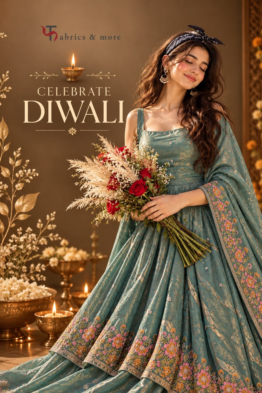 Luminous Teal-Gold Fendi Fabric with Thread and Light Golden Dori work