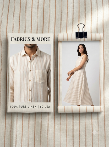 Premium Cream & Rust Pinstripe 100% Pure Linen Fabric – 60 Lea(0% Cotton)
