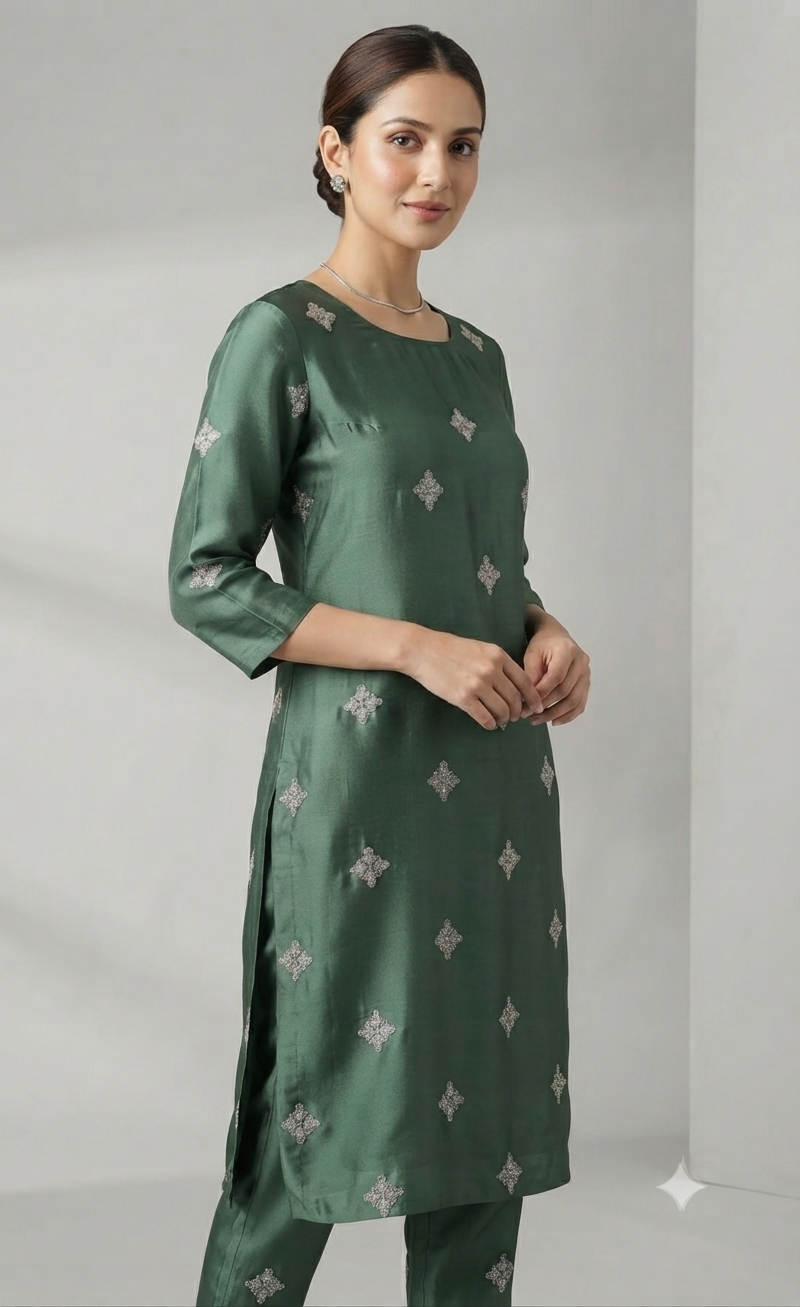 Golden Glitter Thread Embroidered Motifs on Sage Green Malai Chanderi Silk Fabric - draped to show fall and sheen