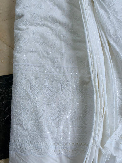 Chikankari Embroidered White Cotton Fabric with Sequins work