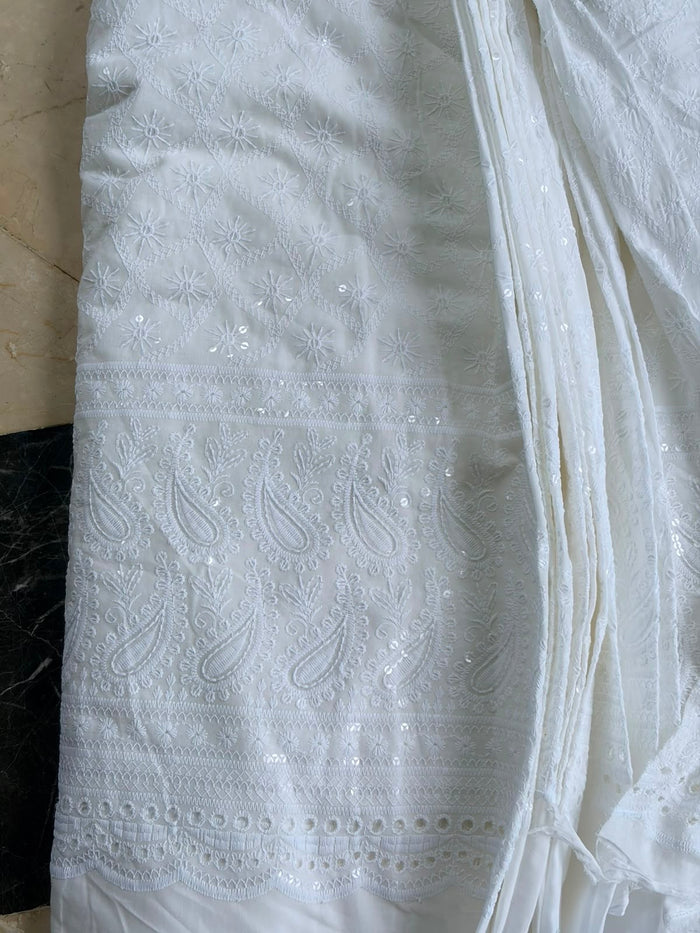 Chikankari Embroidered White Cotton Fabric with Sequins work
