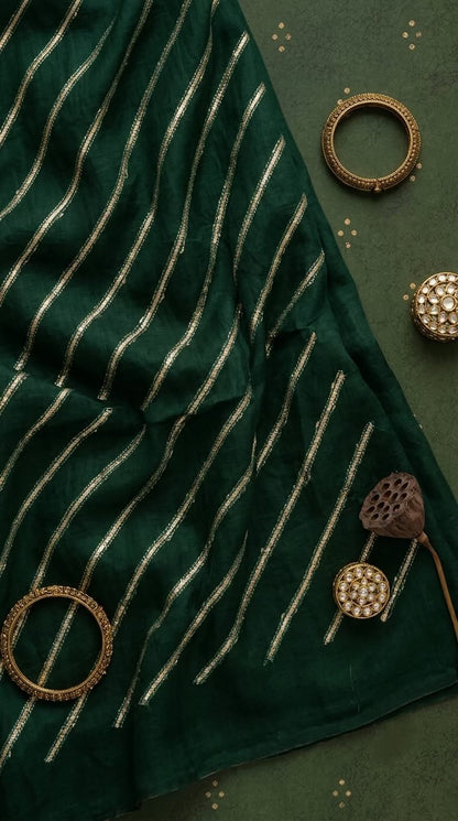 Emerald Green Chanderi Fabric with Light Golden Gotta Patti Work