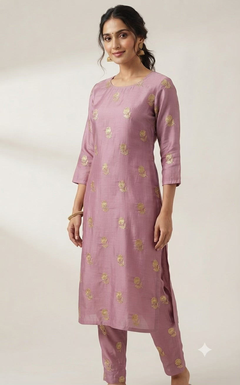Mauve Dusty Purple Malai Chanderi Fabric with Light Golden Jari Embroidery - draped to show fall and sheen