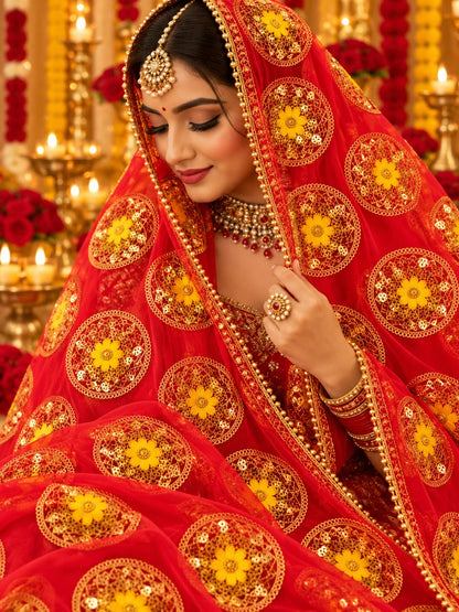 Red Embroidered Net Fabric with Golden Dori, Sequins & Yellow Thread Work