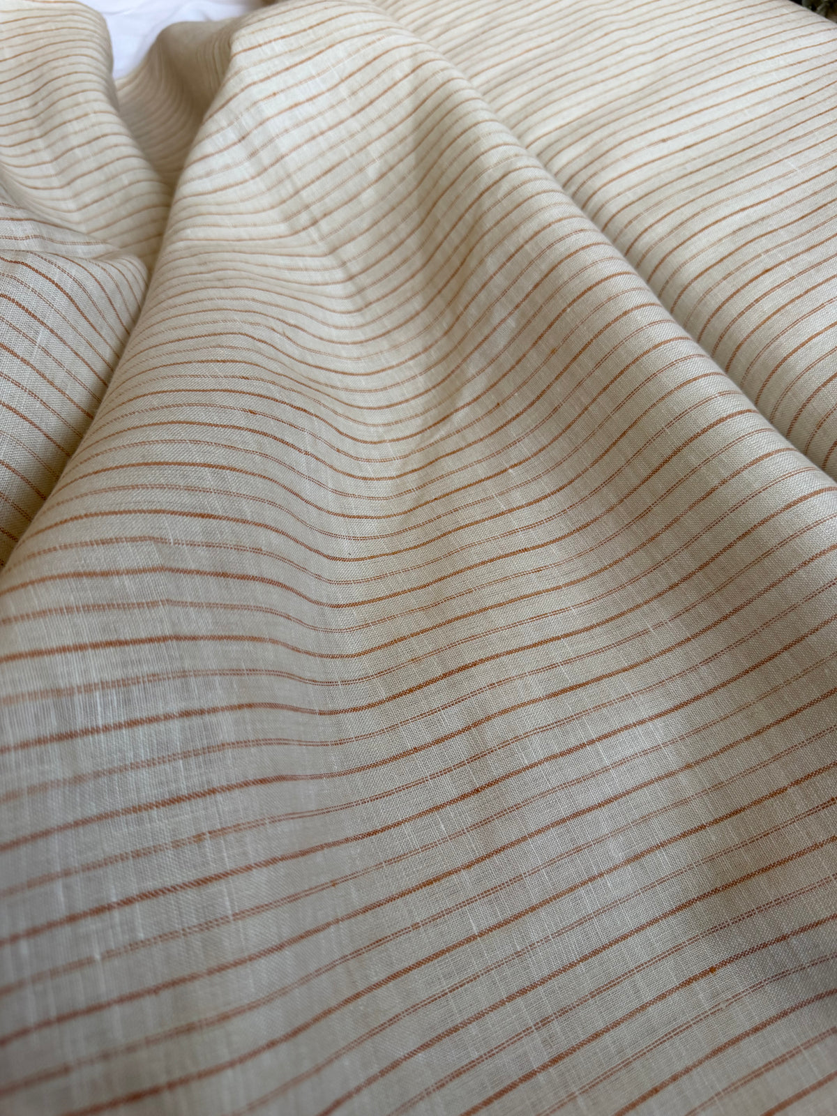 Premium Cream & Rust Pinstripe 100% Pure Linen Fabric – 60 Lea(0% Cotton)