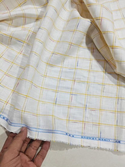 Premium Off-White 100%Pure Linen 60 Lea Fabric with Yellow & Multicolour Checks (0% Cotton)