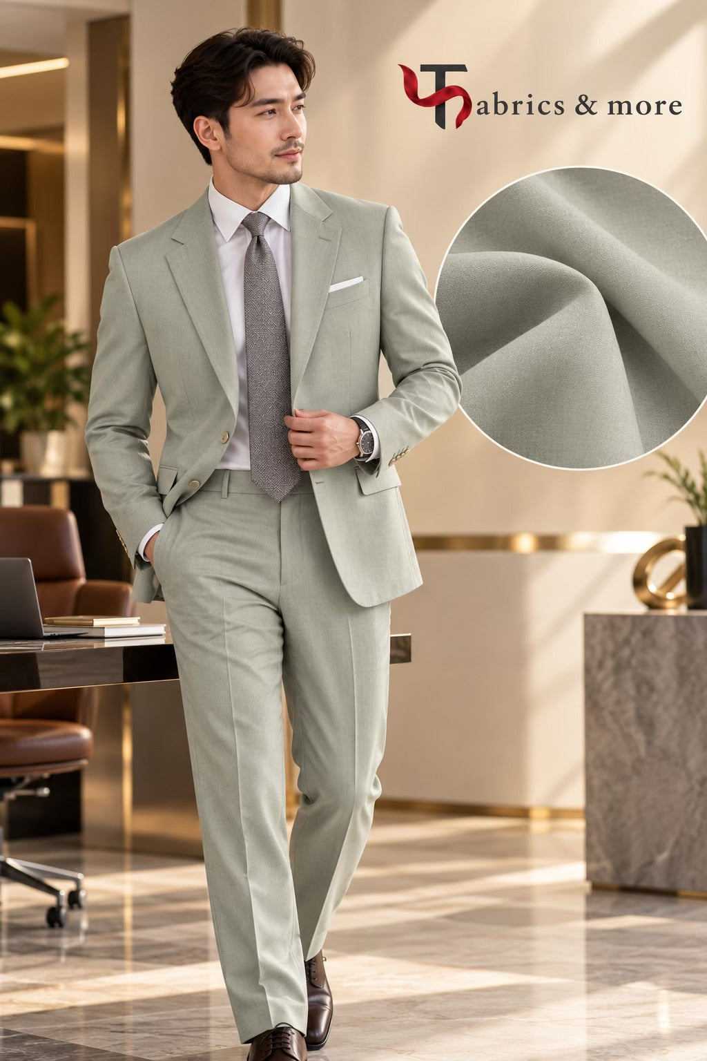 Imported Korean  SILKY Terry Wool by Johan & Martin – Wrinkle-Free Premium SAGE-GREY  Suiting Fabric