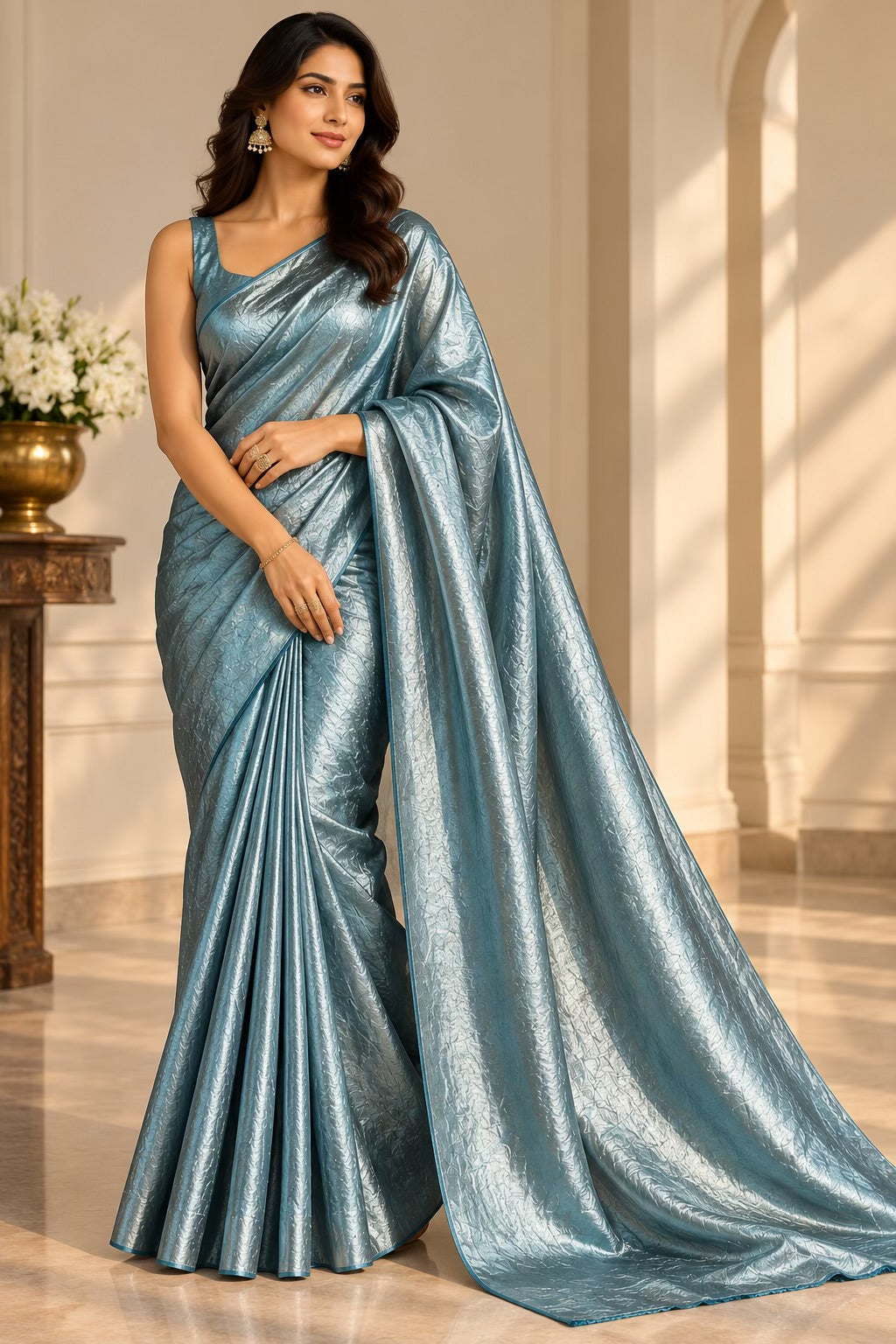 Silver Teal Shimmer Fendi Fabric