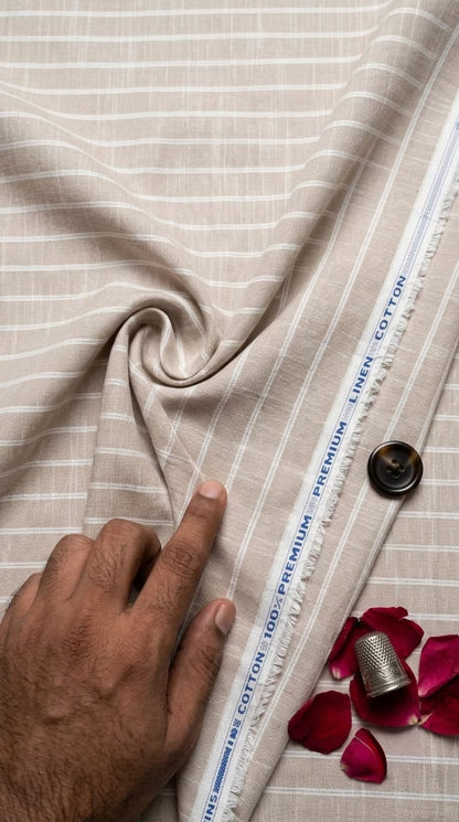 Premium Taupe Beige Cotton Linen 60 Lea Fabric with White Stripes