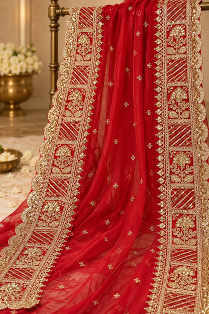 Heavy Light Golden Embroidered Border on Red Mul Chanderi Fabric – 6.5 Inches