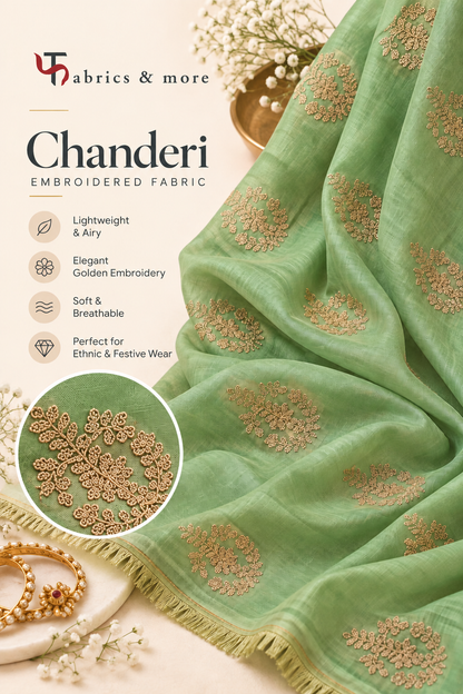 Pastel Green Chanderi Fabric with Light Golden Cord Embroidery