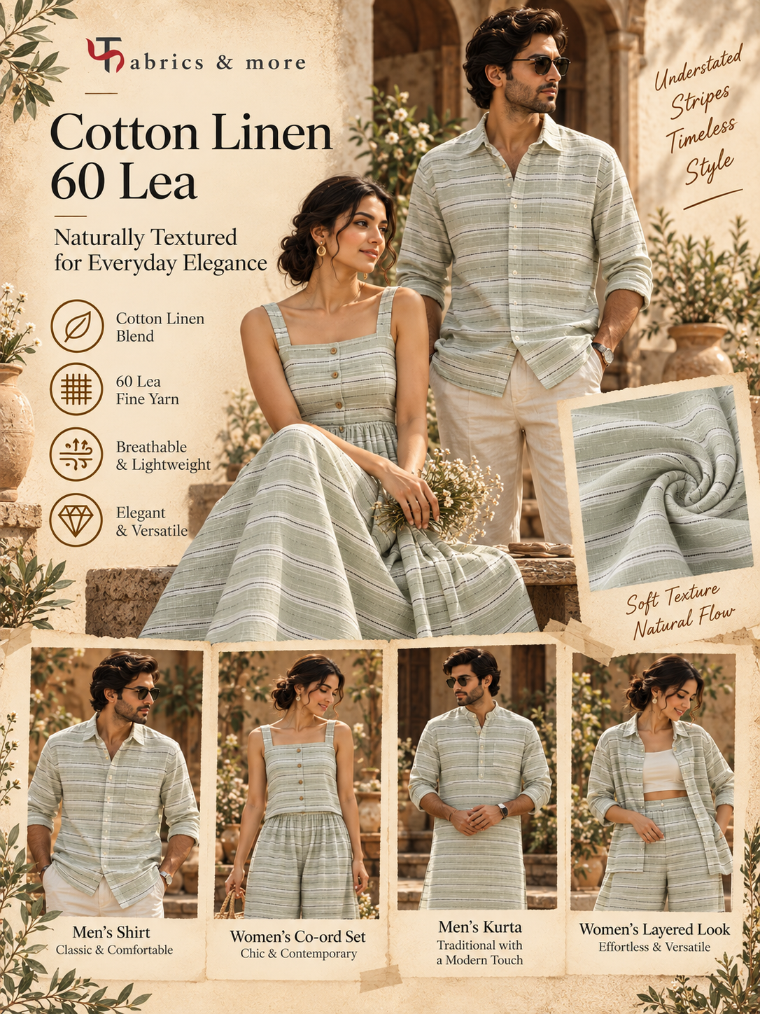Sage Green Striped Cotton Linen 60 Lea Fabric
