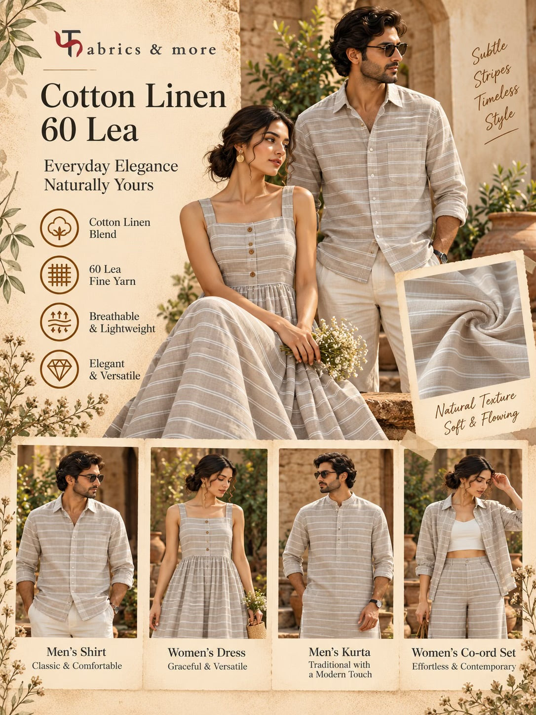 Premium Taupe Beige Cotton Linen 60 Lea Fabric with White Stripes