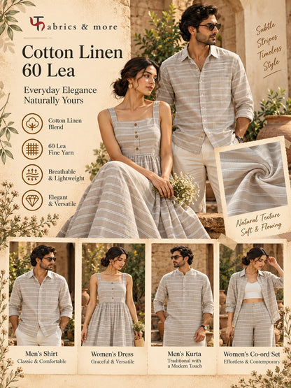 Premium Taupe Beige Cotton Linen 60 Lea Fabric with White Stripes