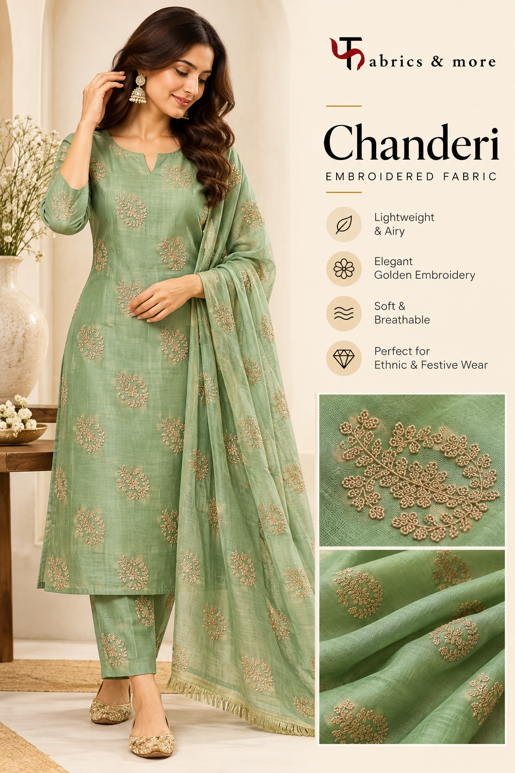 Pastel Green Chanderi Fabric with Light Golden Cord Embroidery