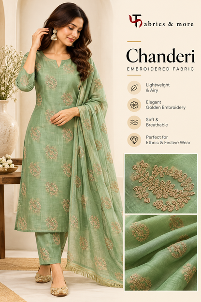 Pastel Green Chanderi Fabric with Light Golden Cord Embroidery
