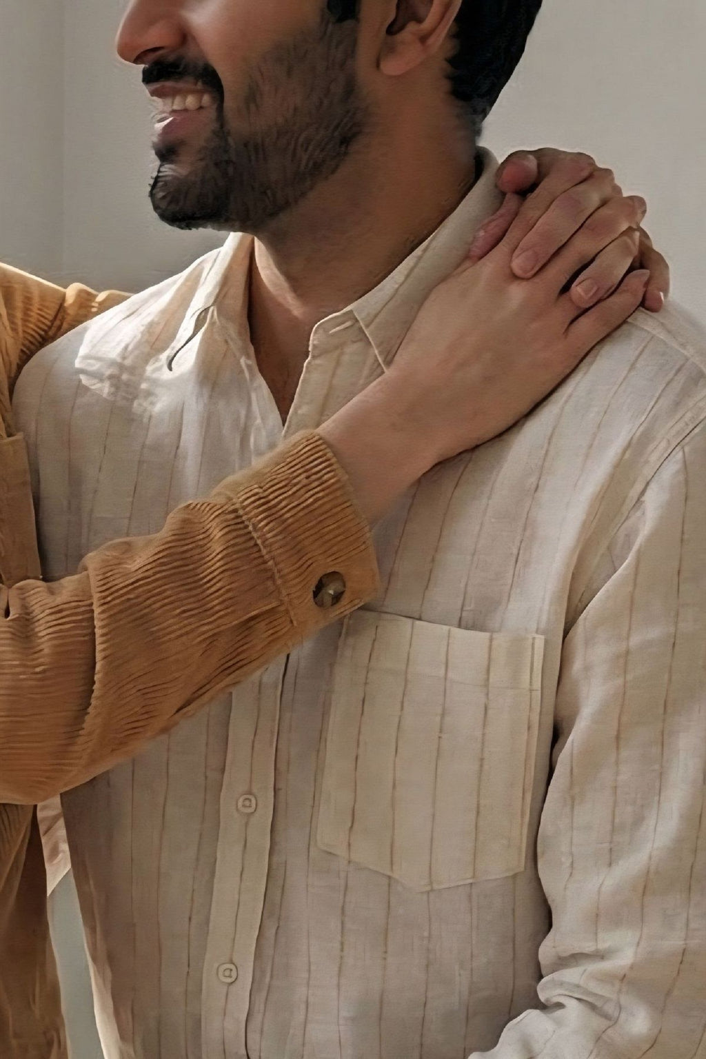 White cotton Linen with beige Thin stripes