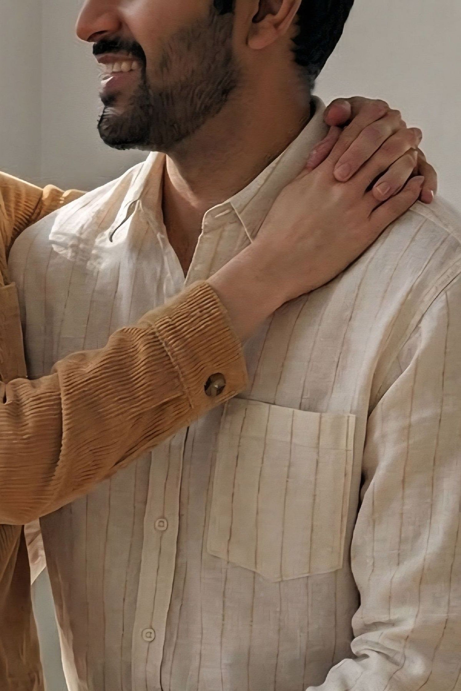 White cotton Linen with beige Thin stripes