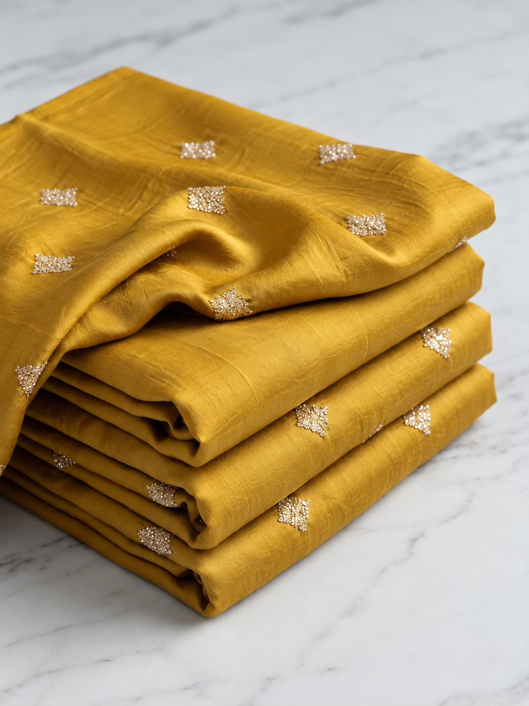 Golden Glitter Thread Embroidered Motifs on Musterd Yellow Gold Chanderi Silk Fabric