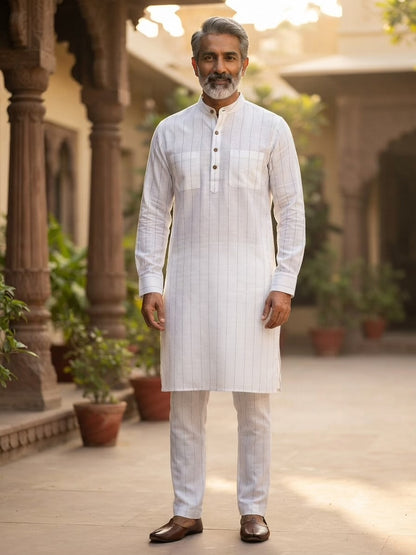 Premium White 100 %Pure Linen 60 Lea Fabric with Herringbone Stripes & Grey Pinstripes (0% Cotton)