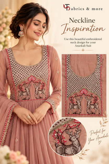 Embroidered Deer Motif Anarkali Neckline Panel – Sequins & Thread Work