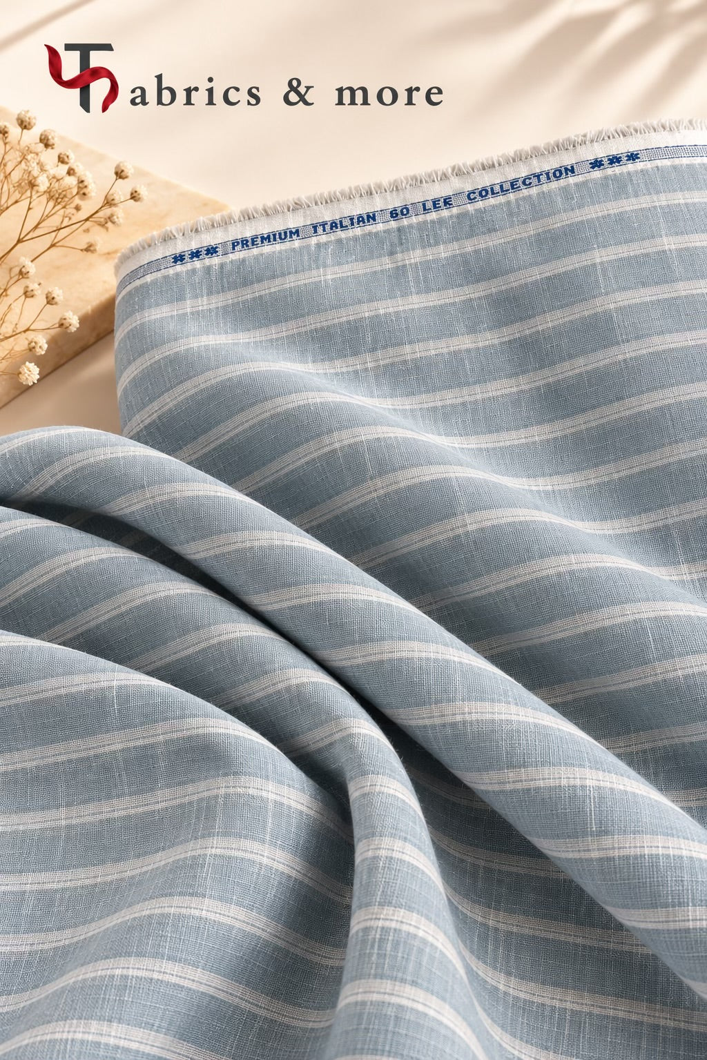 Cotton Linen 60 Lea Fabric – Dusty Blue & White Stripes