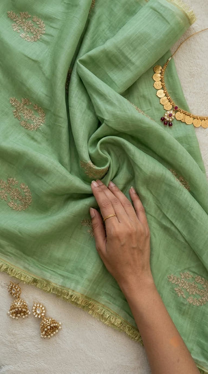 Pastel Green Chanderi Fabric with Light Golden Cord Embroidery