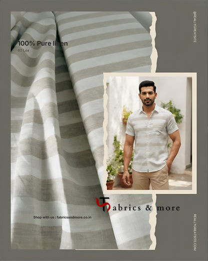 Classic Neutral Striped 100% Pure Linen Fabric (60 Lea, No Cotton)