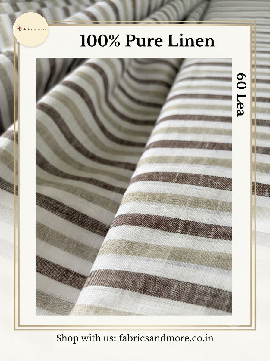 Premium Off-White Brown & Beige Striped 100% Pure Linen Fabric – 60 Lea 100% (0% Cotton)